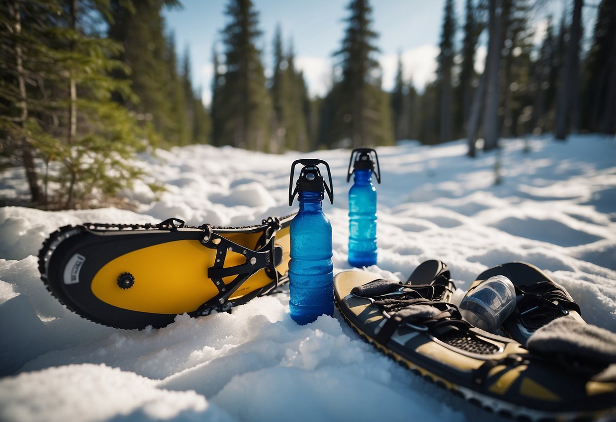 Snowshoes and water bottles scattered on snowy trail. Emergency kit nearby. Snow-capped trees in background