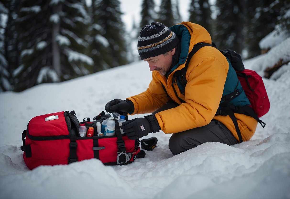 A snowshoer unpacks a first aid kit, ready to handle emergencies in the snowy wilderness