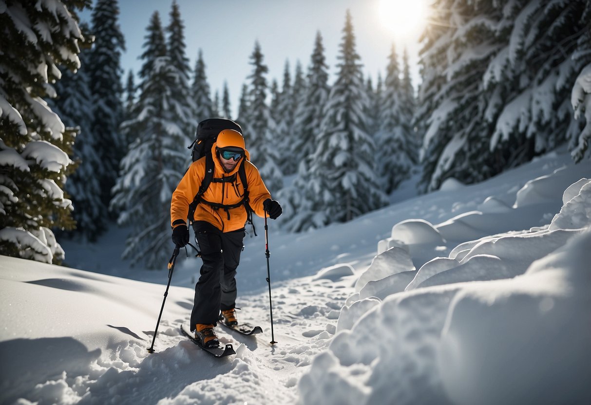 A snowshoer uses GPS to navigate through snowy terrain, checking for avalanche danger and communicating with emergency services