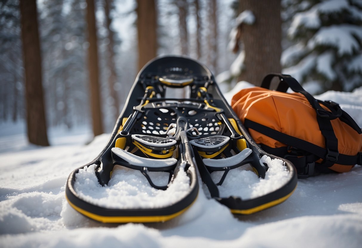 Snowshoes and layers laid out in snow. Emergency kit nearby. Snow-covered trees in background