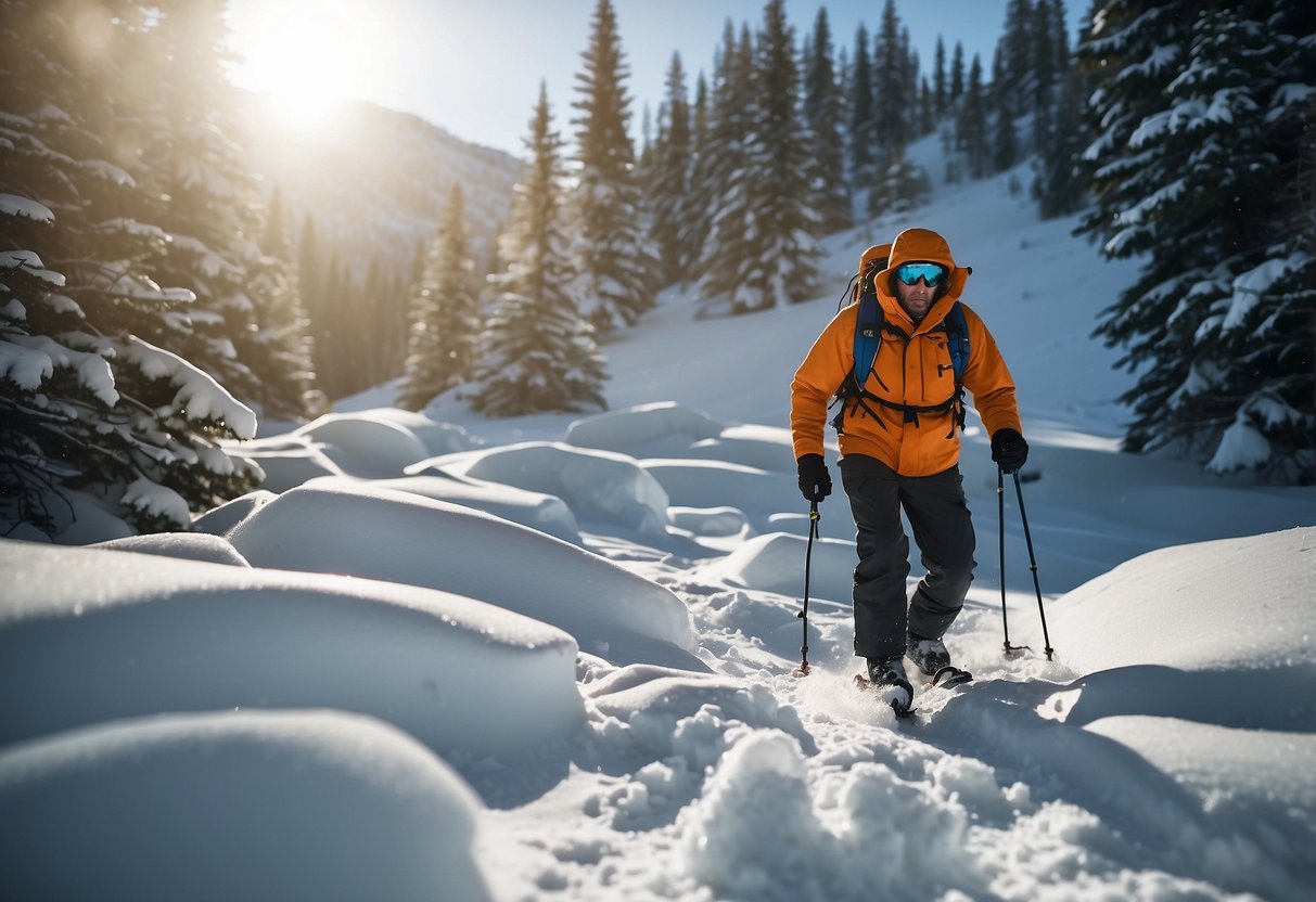 A snowshoer navigating through deep snow, with a clear sign indicating the importance of knowing one's limits and handling emergencies while out in the wilderness