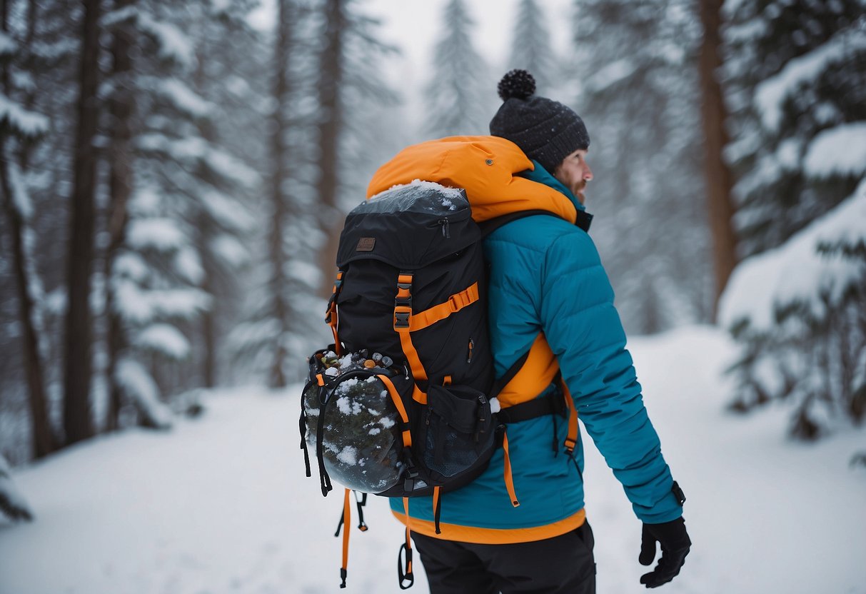 A snowshoer carries a variety of high-energy snacks in a backpack, prepared for emergencies in the snowy wilderness