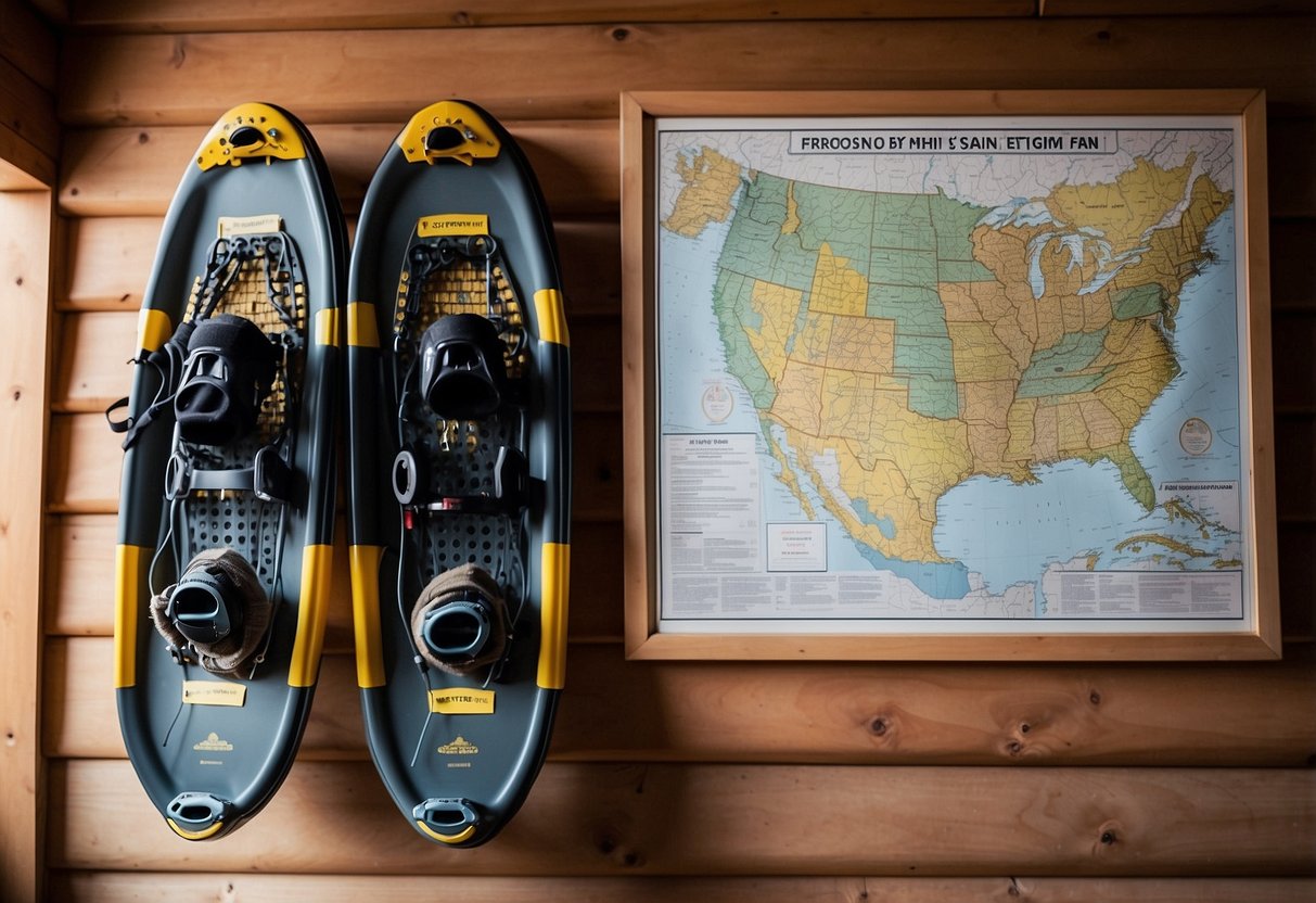 Snowshoes hang on a cabin wall, next to a map and emergency kit. Nearby, a sign lists 10 snowshoeing safety tips