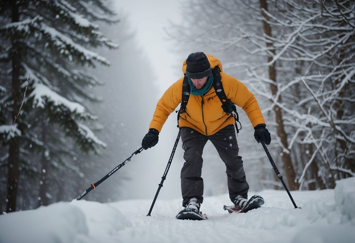 Snowshoer slips on icy trail, struggles to regain balance. Snowshoeing pole snaps, forcing quick thinking to stabilize and continue journey