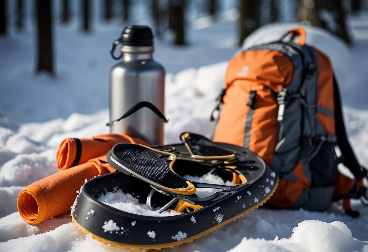 Snowshoes on snowy trail, backpack with first aid kit, emergency blanket, water bottle, map, whistle, headlamp, multitool, and communication device