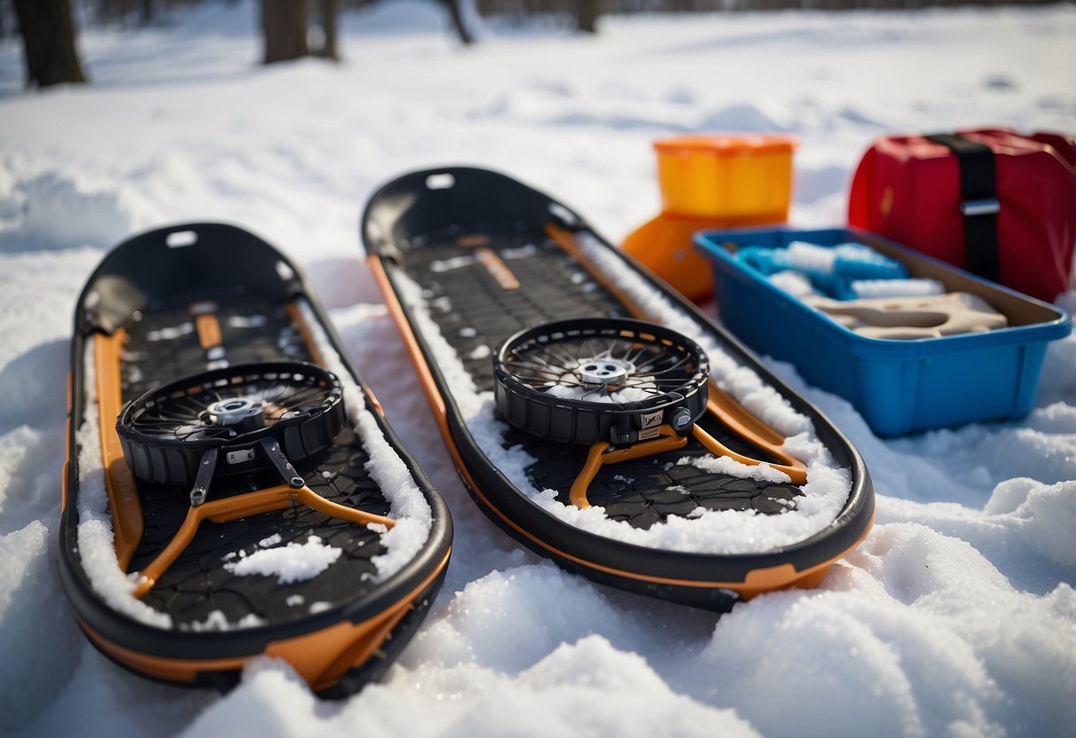 Snowshoes and emergency supplies laid out on snowy ground with a list of preventative measures nearby