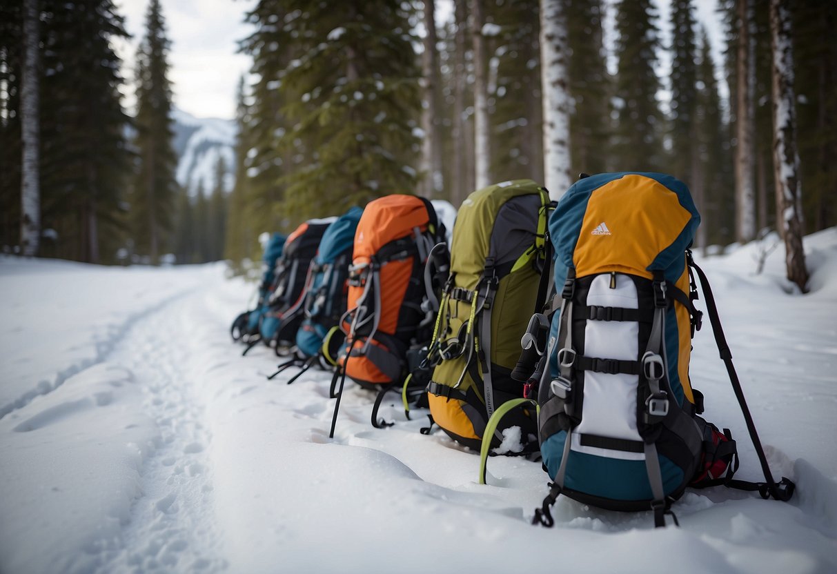 Snowshoes lined up against a snowy trail. A backpack with a water bottle and snacks nearby. A pair of trekking poles leaning against a tree. Snow-covered trees in the background