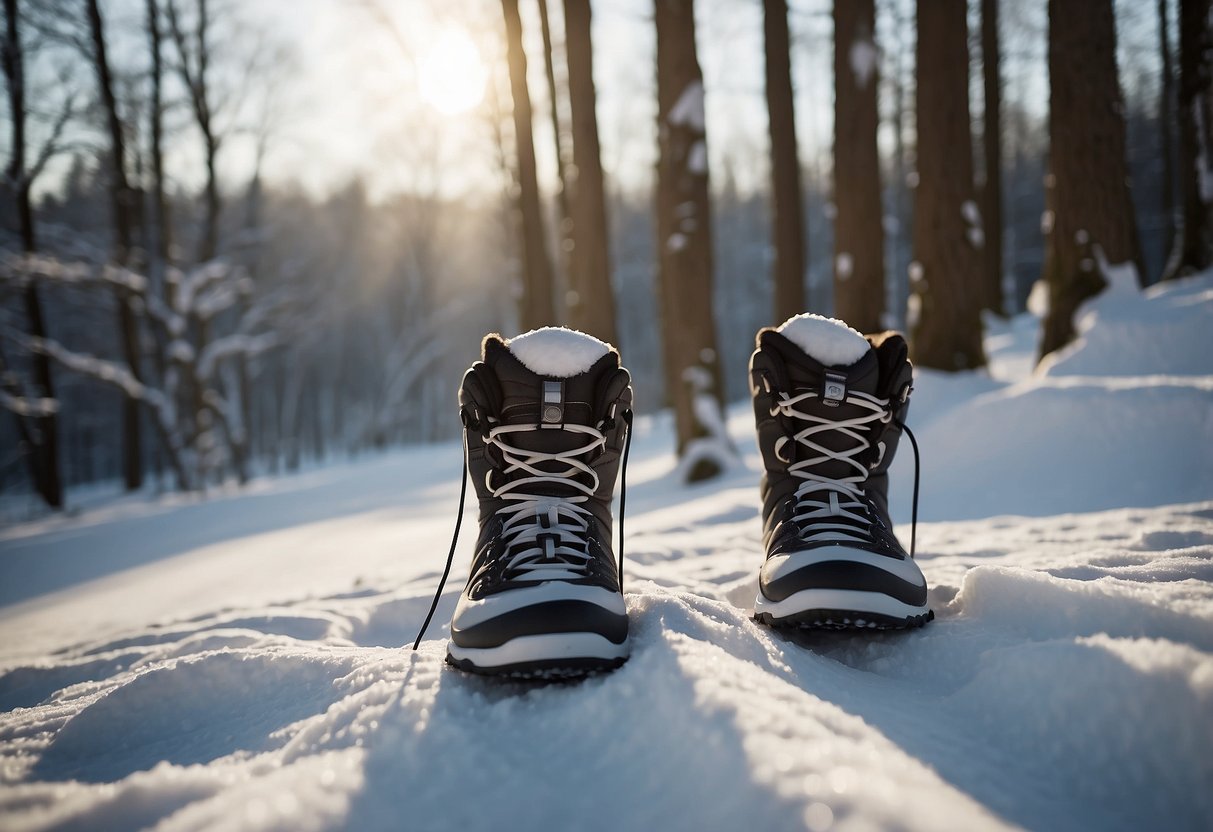 Snowshoes on snowy trail, water bottle nearby. Aching muscles eased with stretching. Snow-covered trees in background