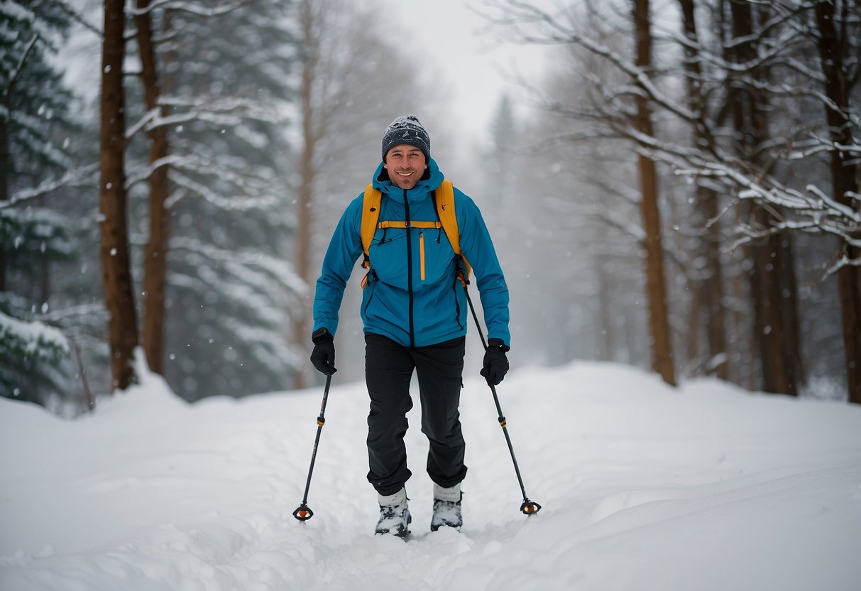 Snowshoer in moisture-wicking clothes manages sore muscles. Snowy trail, trees in background