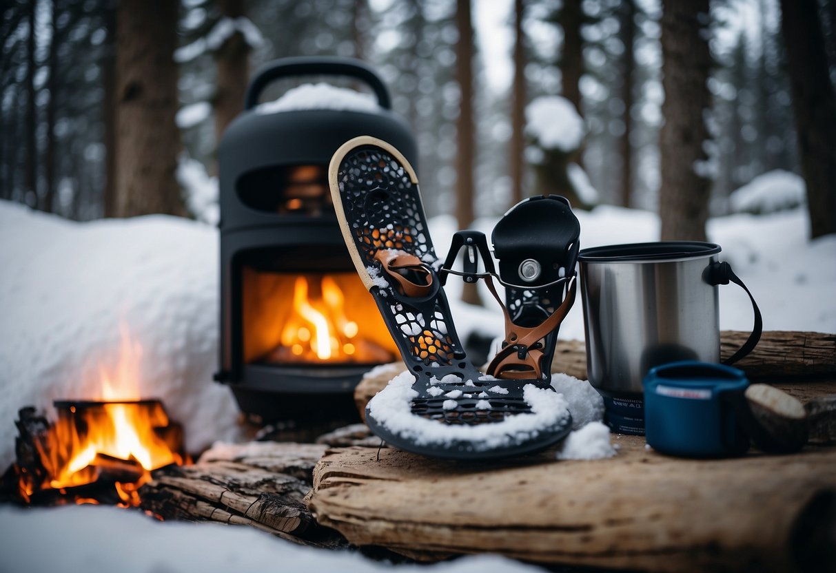 Snowshoes sit next to a cozy fire, surrounded by snowy trees. A thermos and snacks are nearby, with a map and first aid kit ready for use