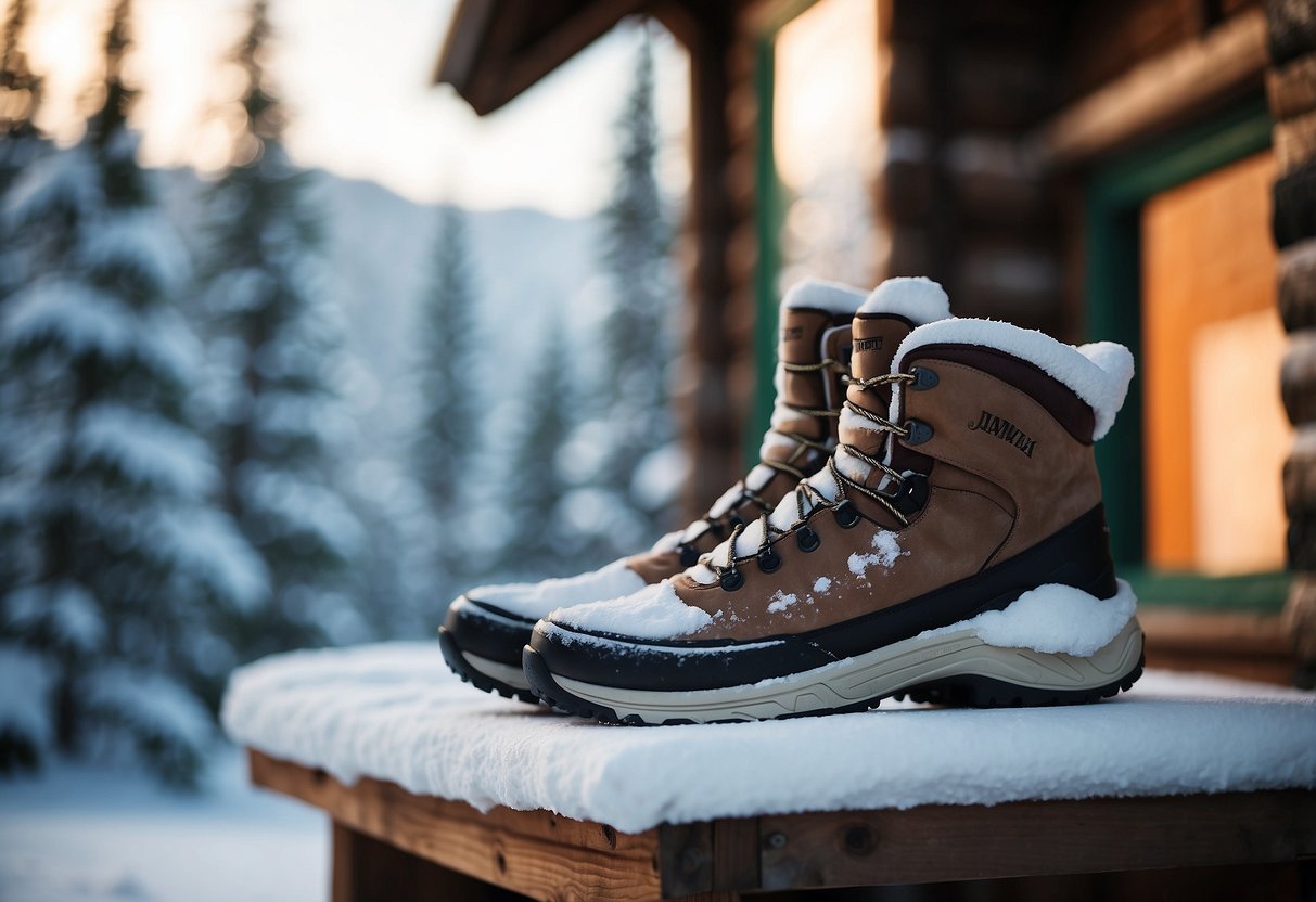 A snowshoe leans against a cozy cabin, with a steaming hot water bottle placed on a sore muscle. Snow-covered trees frame the scene