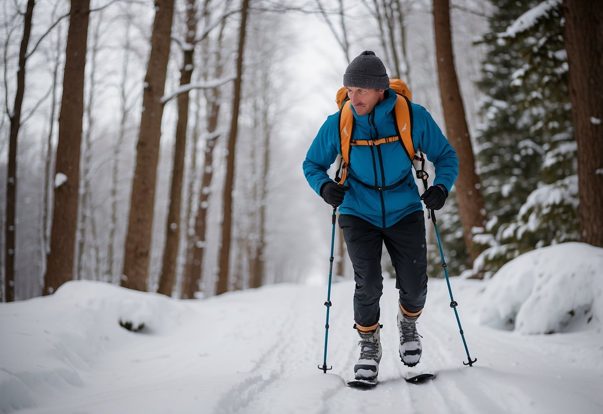 A person snowshoeing through a snowy landscape, with a focus on their leg muscles. The muscles are shown as sore and achy, with small text bubbles around them offering tips for managing muscle soreness