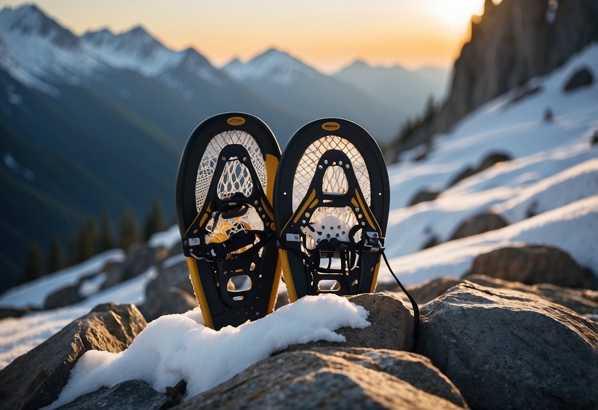 Snowshoes on rocky terrain with jagged rocks and snow-covered peaks in the background