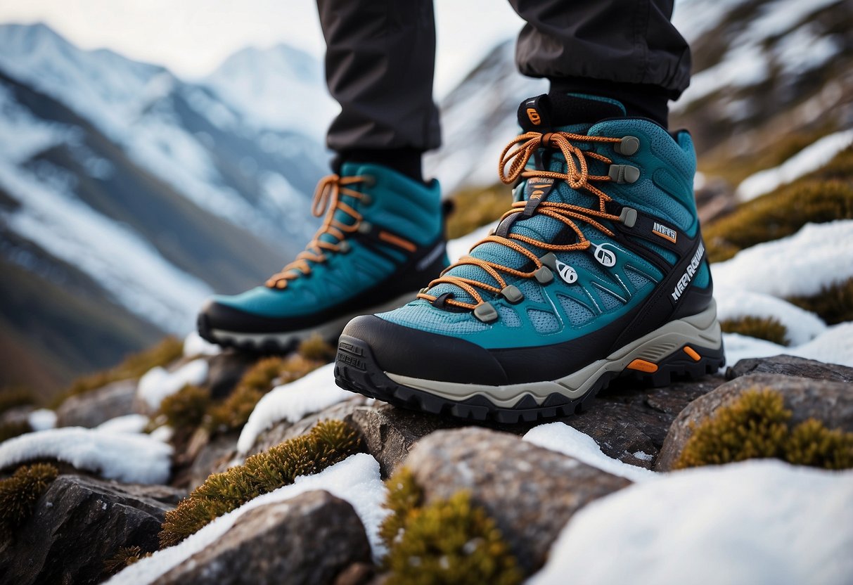 A snowy mountain path with rocky terrain, featuring the Merrell Thermo Rogue 3 GTX shoes in action