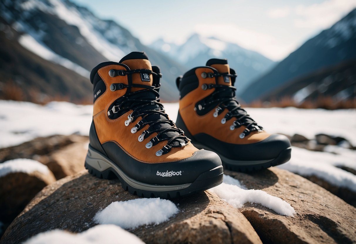 A pair of Bugaboot Plus IV Omni-Heat shoes stands on rocky terrain, surrounded by snow and rugged mountains