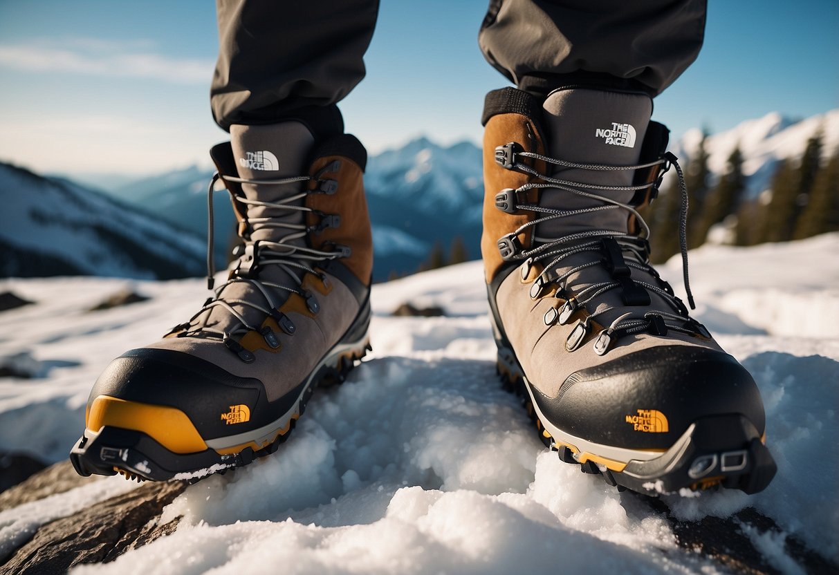 A pair of North Face Chilkat 400 II snowshoes on rocky terrain, surrounded by snow and rugged landscape