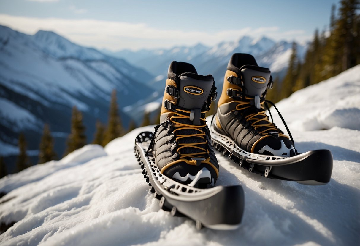 A pair of Keen Durand Polar WP 5 snowshoes on a rugged, rocky terrain, with snow-covered peaks in the background