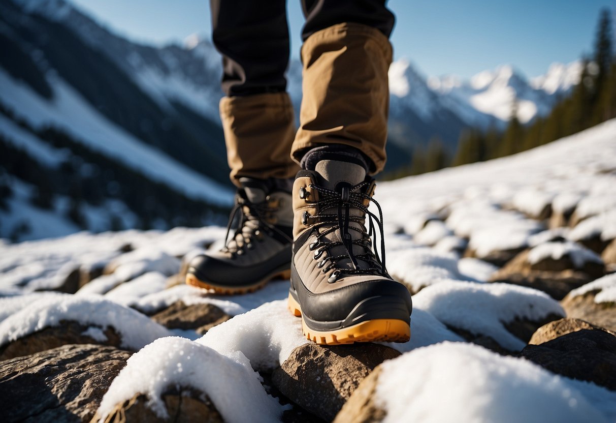 Snowshoeing shoes on rocky terrain with rugged soles, durable straps, and waterproof materials. Snow-covered mountains in the background