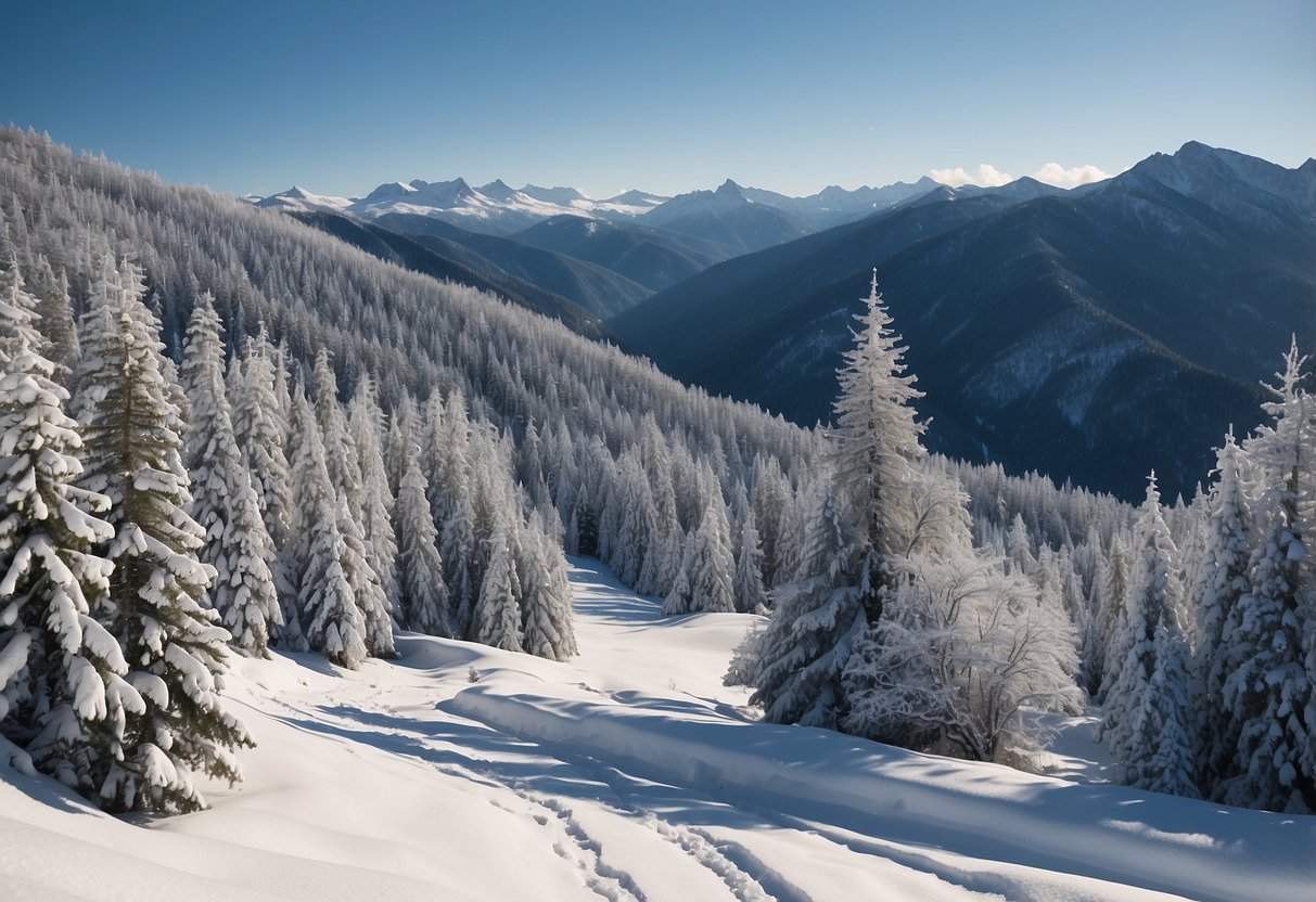 A snow-covered valley with winding trails and mountain peaks in the distance. Trees are dusted with snow, and the sky is a clear, crisp blue