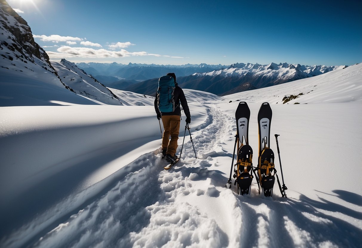 Snowshoes, poles, and backpack on snowy trail. Scenic mountain backdrop with clear blue sky. New Zealand landscape with forests and snow-capped peaks