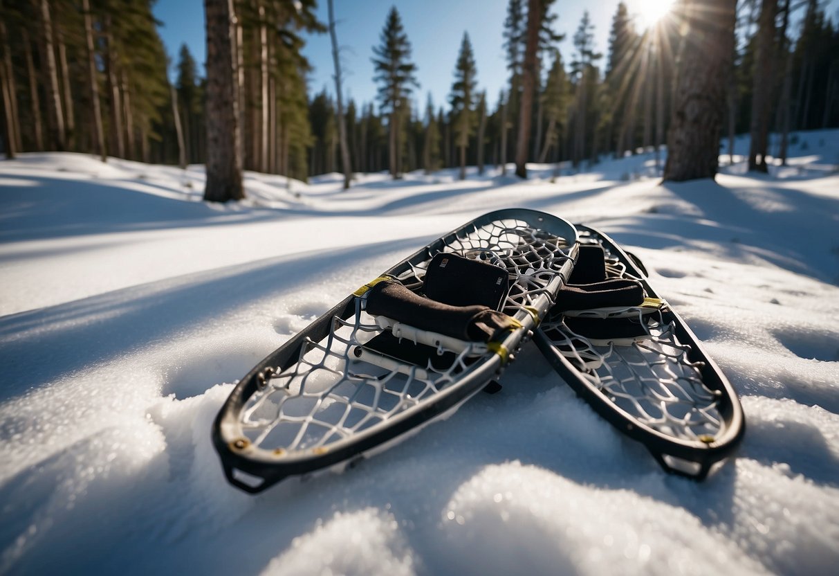 Snowshoes on a snowy trail through a remote forest. Clear blue sky and tall pine trees. Fresh snow glistens in the sunlight