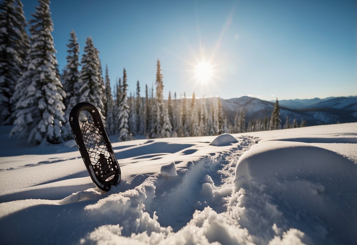 Snowshoes on snowy trail, surrounded by remote wilderness. Base layers wick moisture