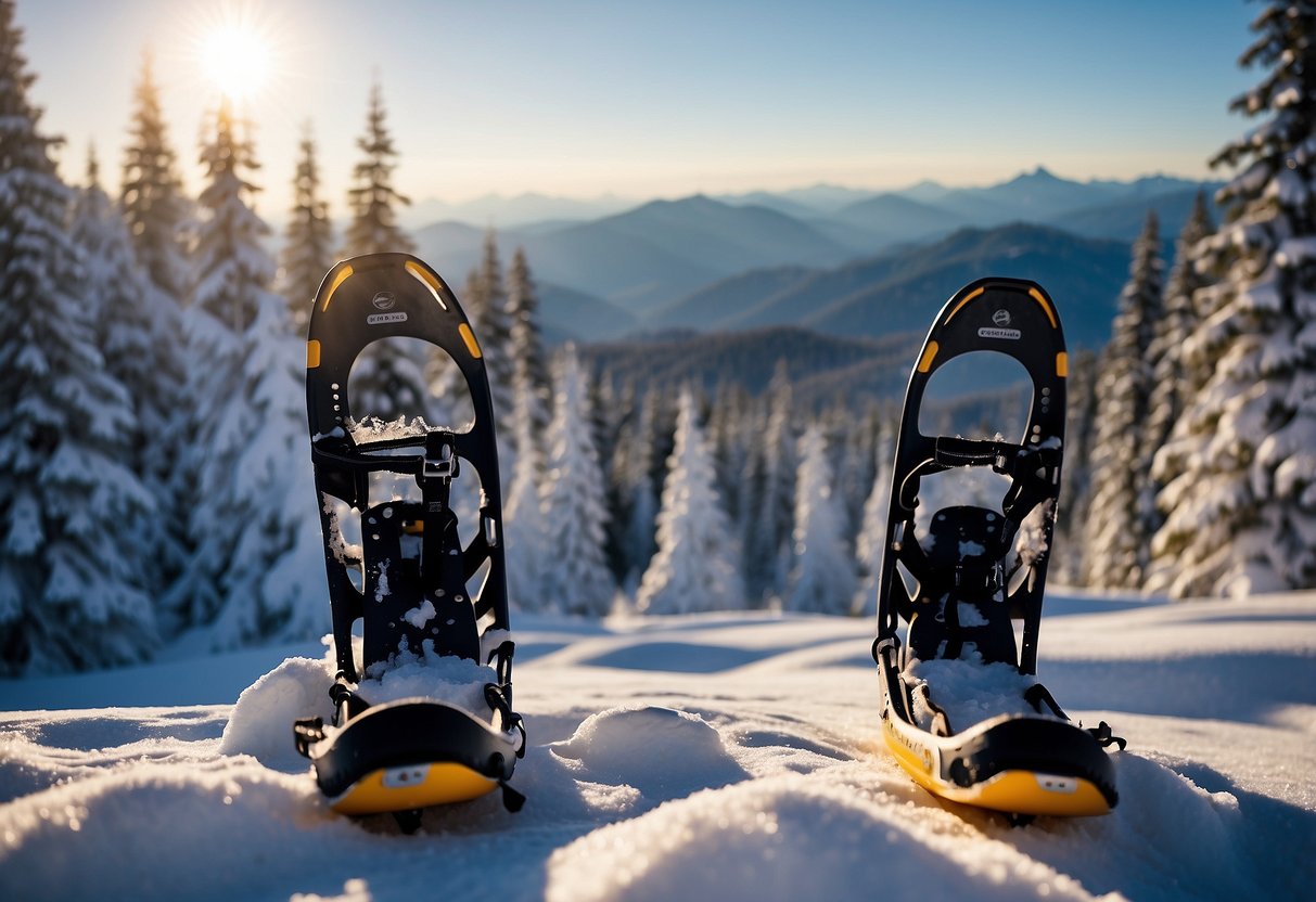 Snowshoes strapped on, gaiters secured. Snow-covered landscape with distant mountains. Winter trees and fresh powder