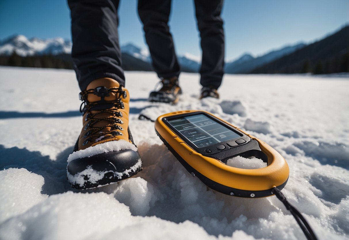 A person holding a GPS device while walking through a snowy, remote area. Snowshoes visible on feet. Trees and mountains in the background