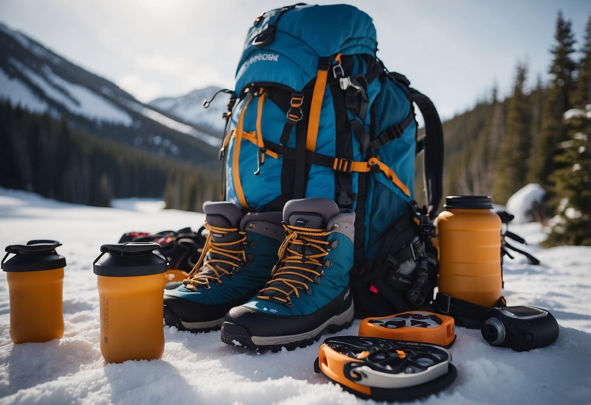 Snowshoes, poles, and a backpack with high-energy snacks laid out on a snowy trail in a remote area