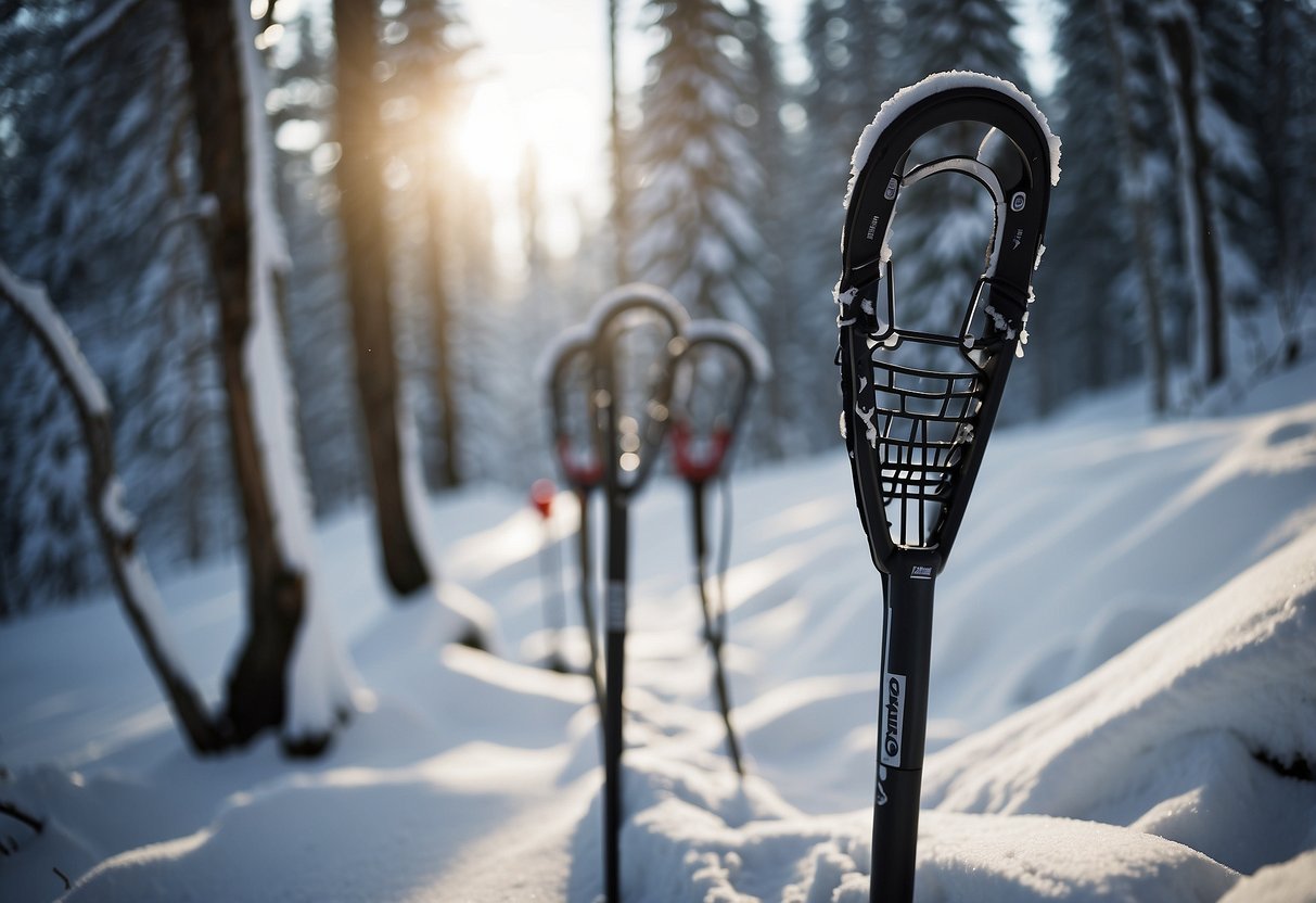 Snowshoeing poles with snow baskets on a snowy trail