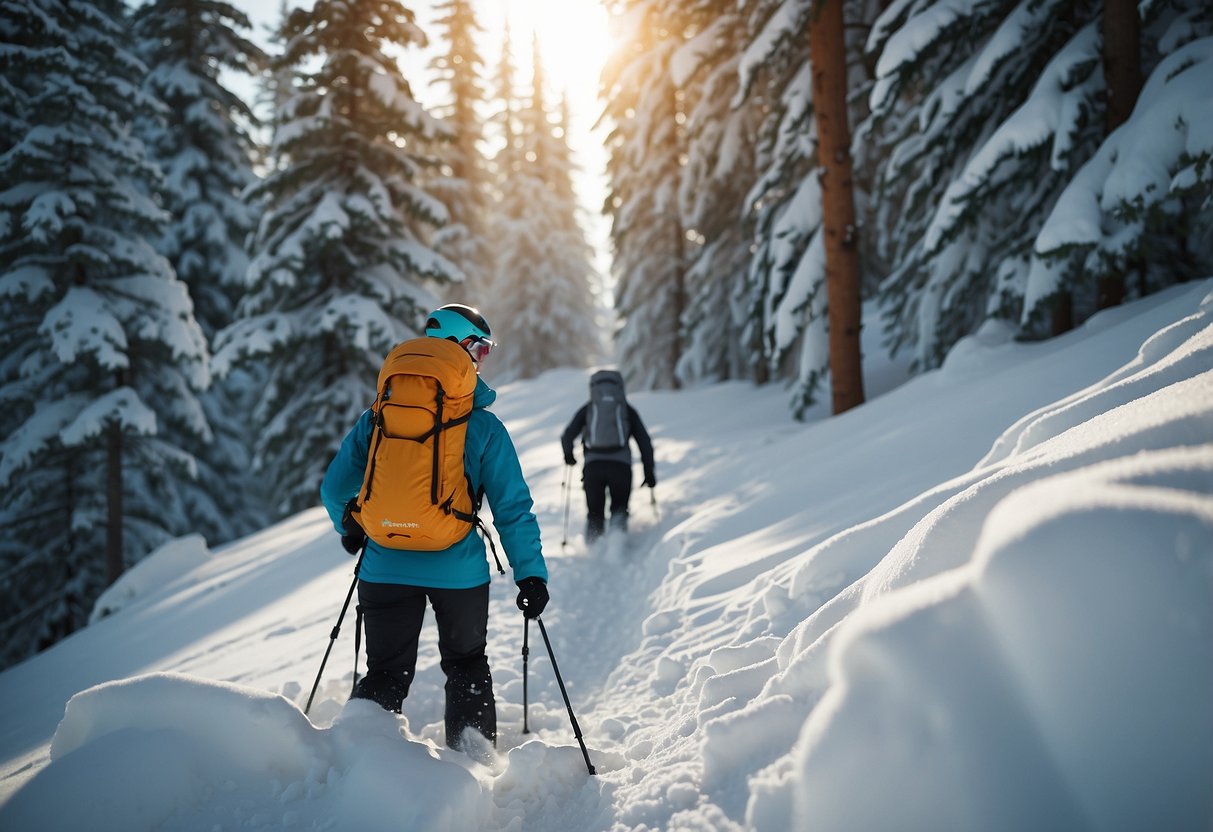 Snowshoers navigate remote, snowy terrain. Avalanche danger looms. Use caution