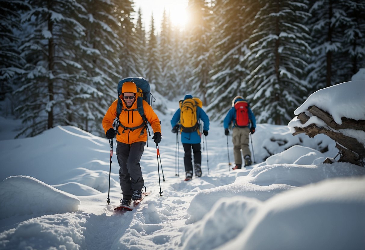 Snowshoers trek through snowy, remote terrain. They follow a trail marker, carry a map, and wear bright clothing for visibility. Safety gear includes a whistle, compass, and first aid kit