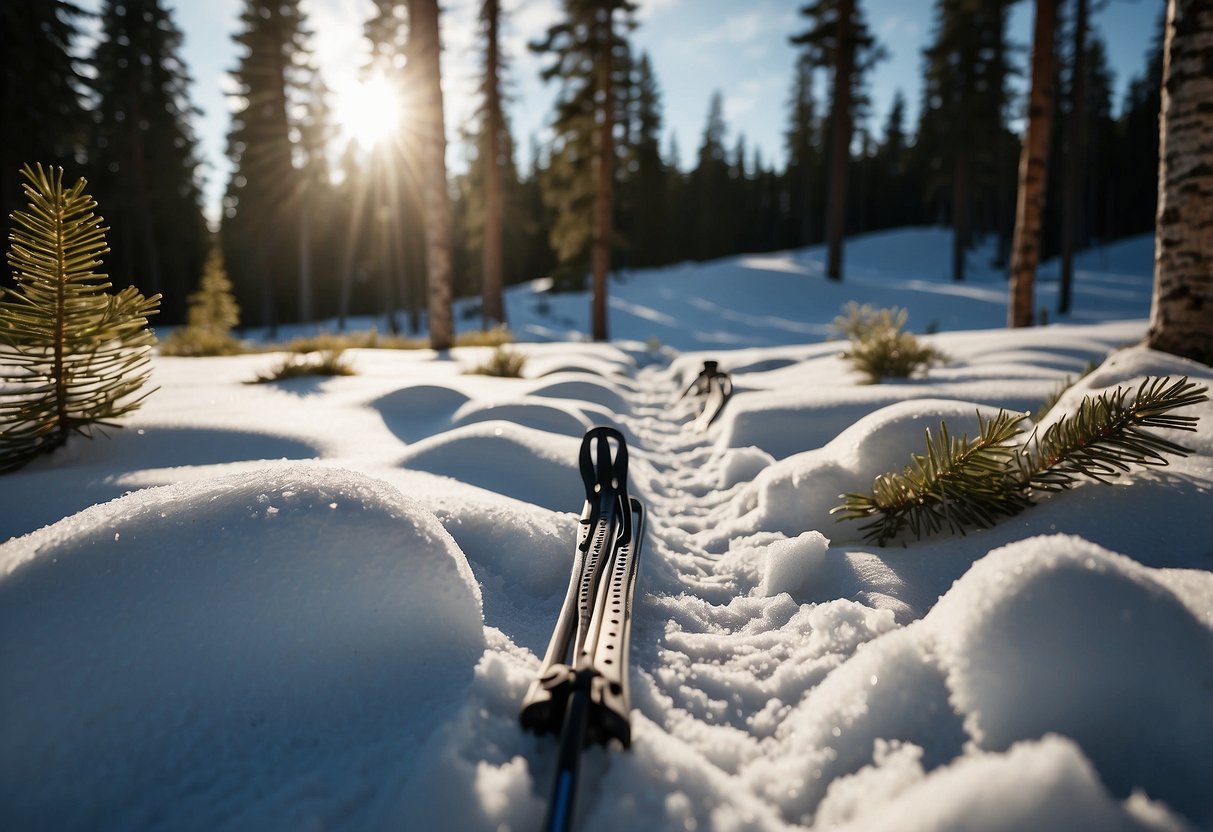 Snowshoeing poles laid out on a snowy trail, surrounded by pine trees and a clear blue sky. The lightweight design is evident as they rest against the white snow