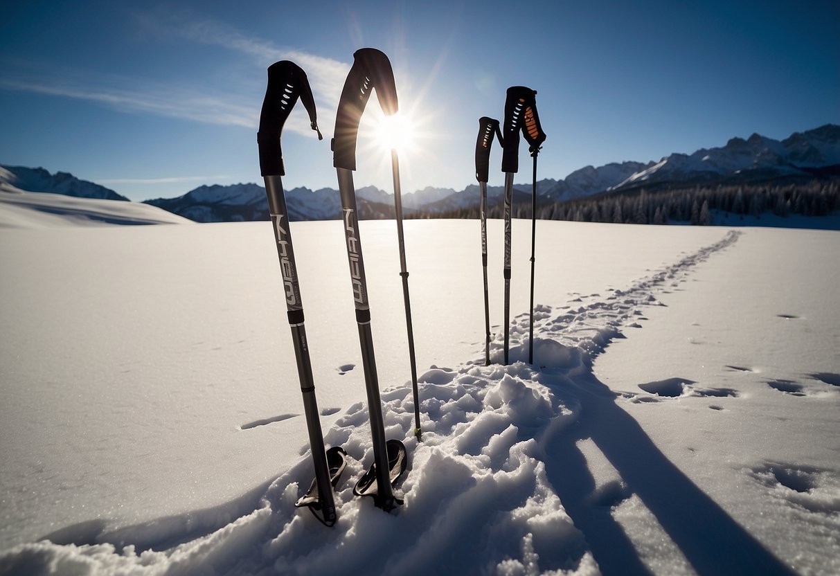 Snowshoeing poles stand upright in the snow, casting long shadows in the late afternoon light. The sleek, carbon fiber design of the Black Diamond Distance Carbon Z 5 poles glisten in the sun, ready for adventure