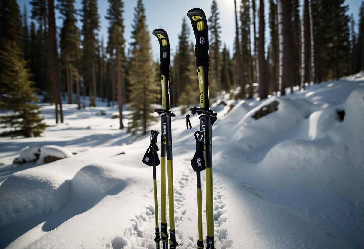 Snowshoeing poles stand upright in the snow, surrounded by a winter landscape of trees and mountains. The Komperdell C3 Carbon Powerlock 5 branding is visible on the sleek, lightweight poles