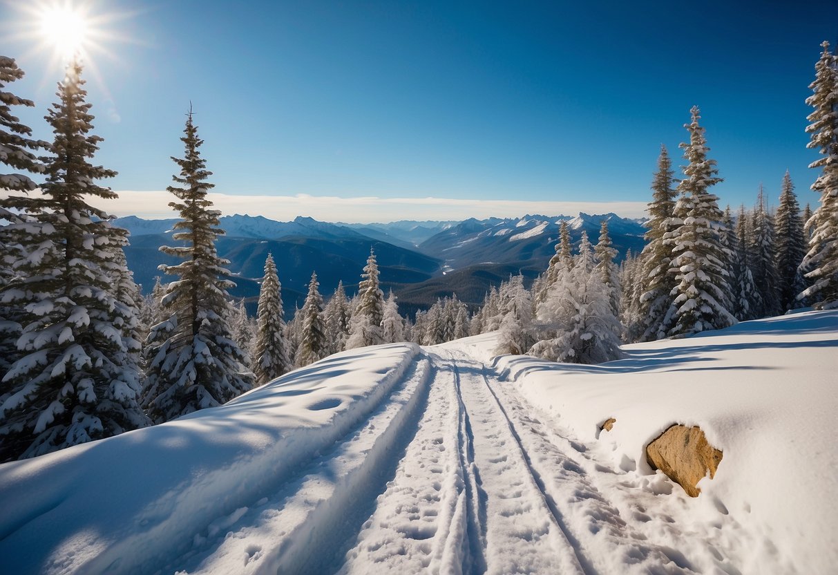 Snow-covered trail with LT5 poles propped against a tree, snowshoes in the background. Crisp blue sky and snowy mountains in the distance