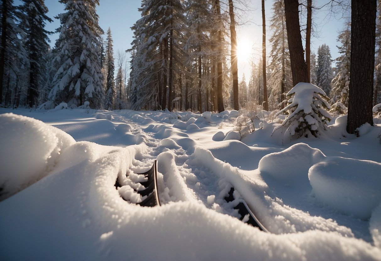 Snowshoes crunch through fresh snow. Trees stand tall, draped in white. Animal tracks scatter the ground. The sun casts a soft glow over the winter landscape