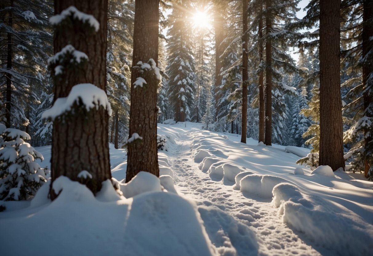 Snow-covered forest trail with snowshoe tracks, tall evergreen trees, and a serene atmosphere. Sunlight filters through the branches, casting soft shadows on the pristine snow