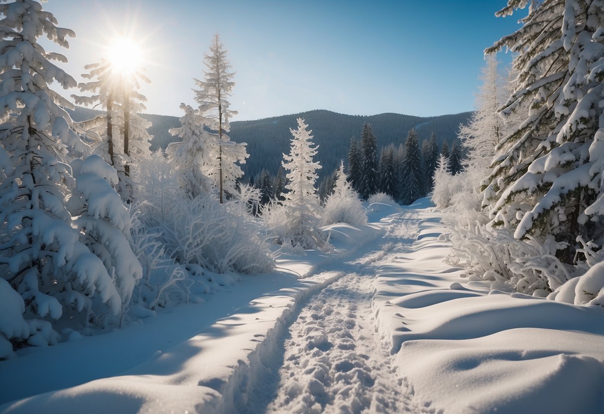 A snow-covered forest with winding trails, frosted branches, and a serene, blue sky. Snowshoes leave tracks in the fresh powder, leading deeper into the peaceful winter landscape