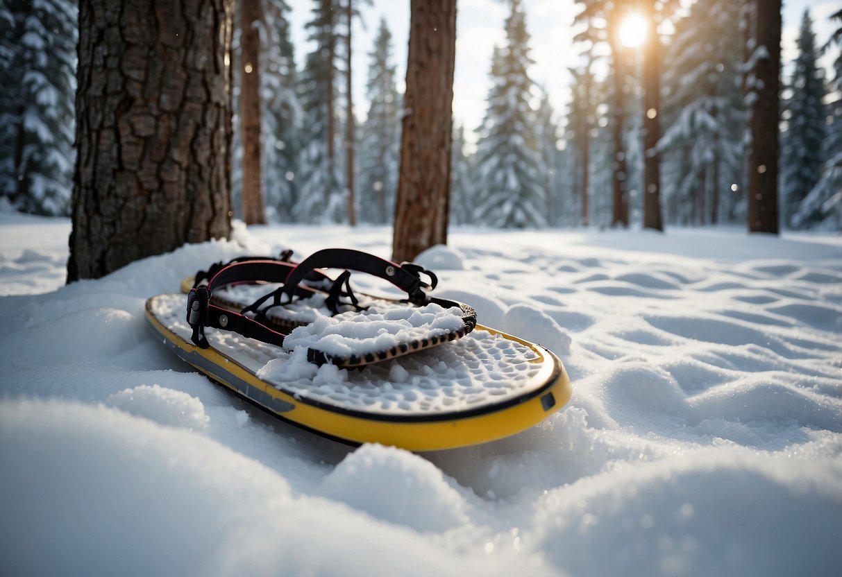 Snowshoes on fresh snow, surrounded by tall trees. Snowflakes gently falling, creating a serene atmosphere. Animal tracks visible, leading into the peaceful wilderness