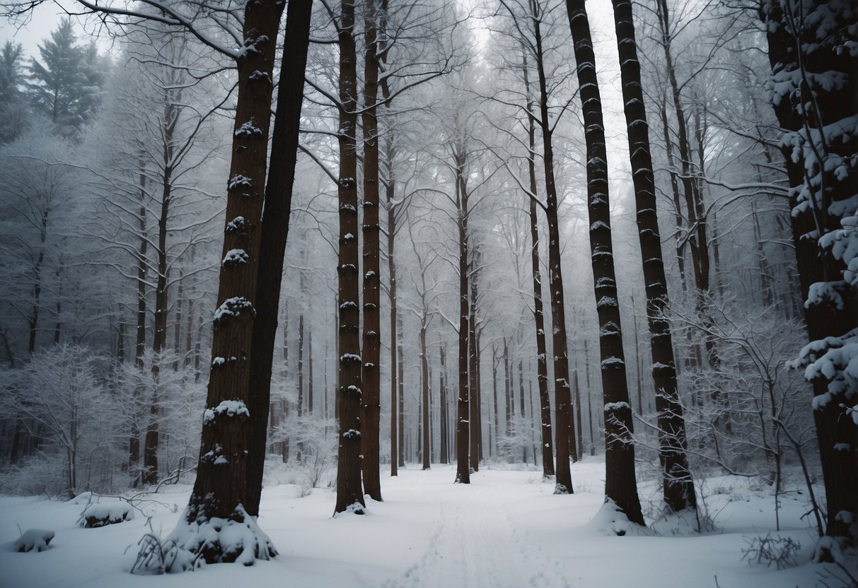 A variety of trees stand tall in a snowy forest, their distinct shapes and textures creating a diverse landscape