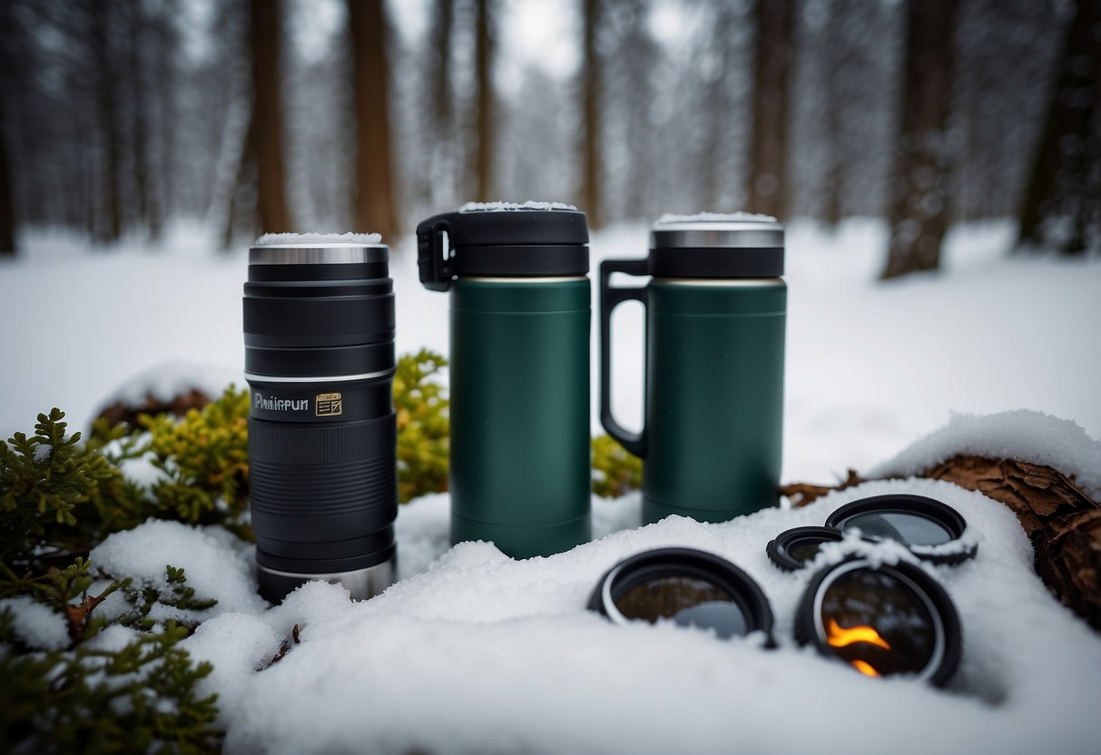 A snowy forest clearing with a Thermos of hot cocoa surrounded by snowshoes and nature-themed items like binoculars, a field guide, and a camera