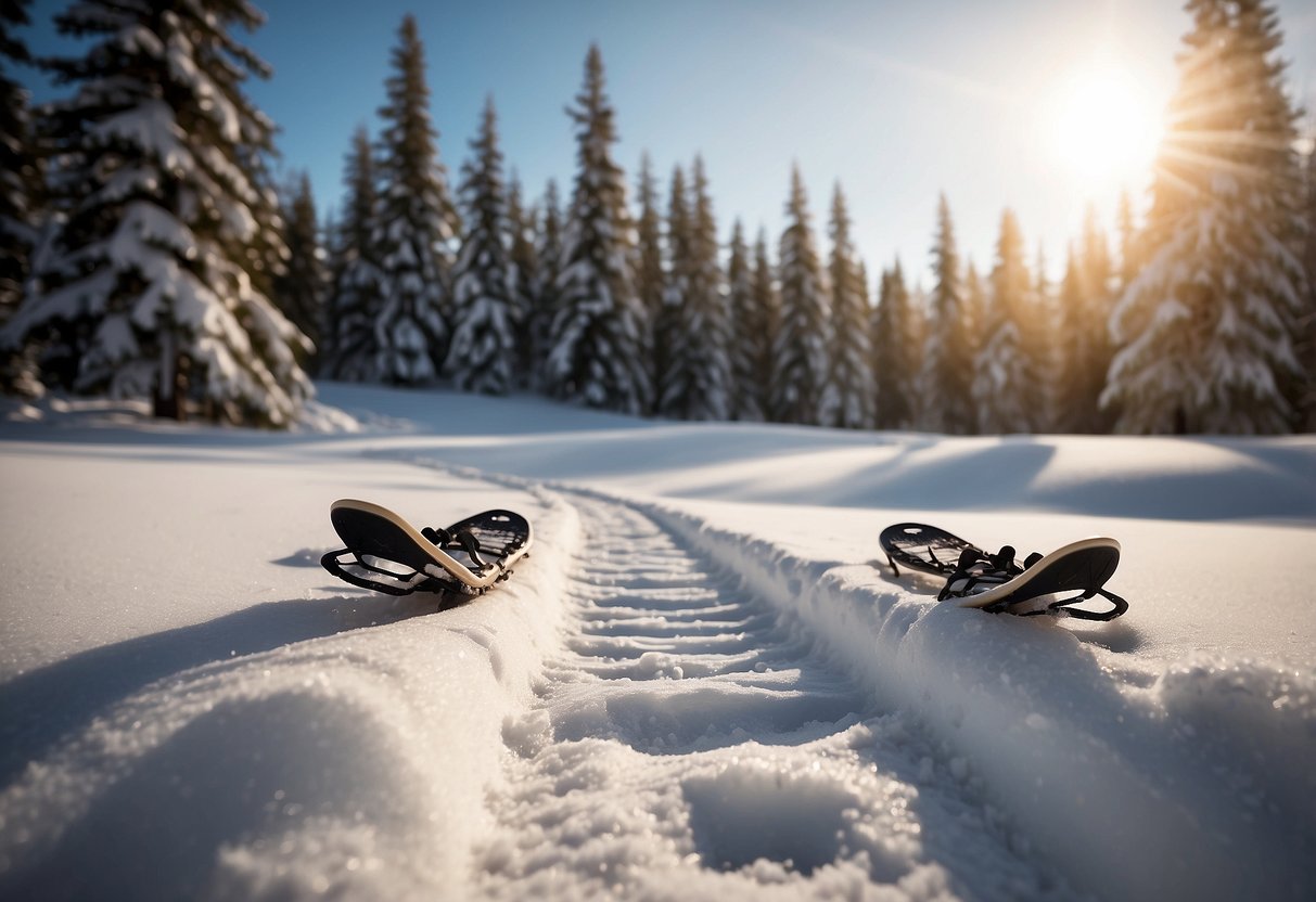 Snowshoes leave tracks in fresh snow. Birds fly overhead. Trees stand tall against the white landscape. A peaceful winter scene