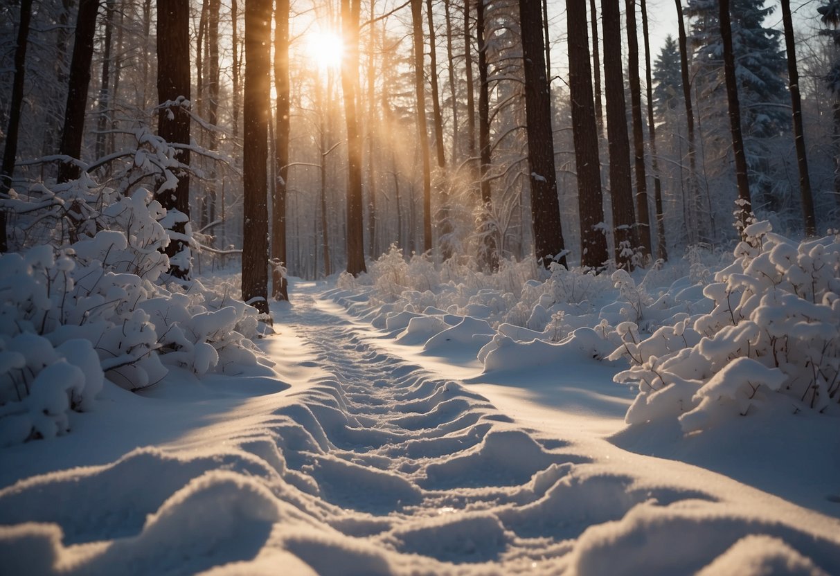 A snowshoe trail winds through a serene winter landscape. Trees are dusted with snow, and animal tracks crisscross the path. The sun casts a soft glow over the scene, creating a peaceful and tranquil atmosphere