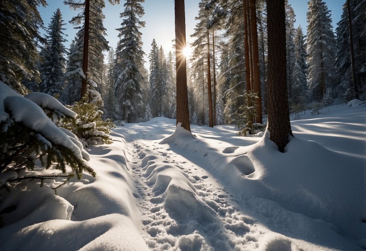 Snow-covered trail with snowshoe tracks, surrounded by tall pine trees. Sunlight filters through the branches, casting dappled shadows on the ground. Wildlife footprints are visible in the snow