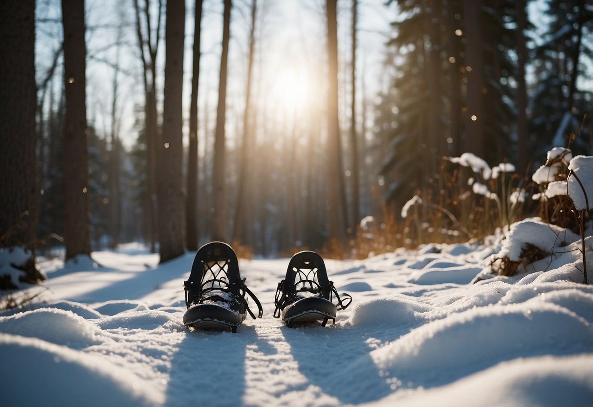 Snowshoes on snowy trail, surrounded by trees and wildlife tracks. Peaceful winter landscape with a sense of connection to nature