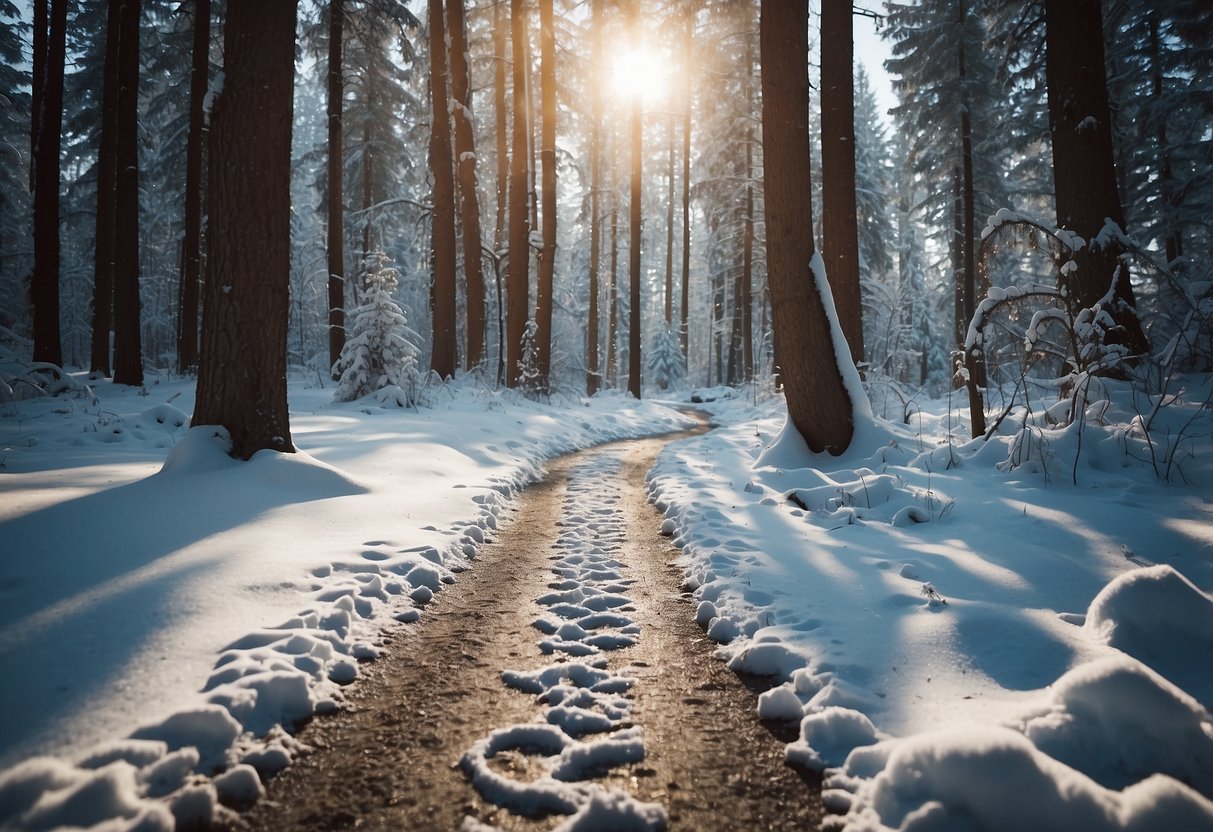 A snow-covered forest with winding trails, snowshoes leaning against a tree, animal tracks in the snow, and a serene winter landscape