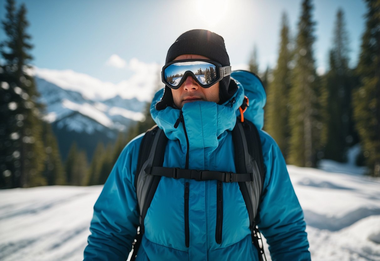 A person wearing insect-repellent clothing while snowshoeing. Snow-covered trees in the background. Blue sky with a few clouds