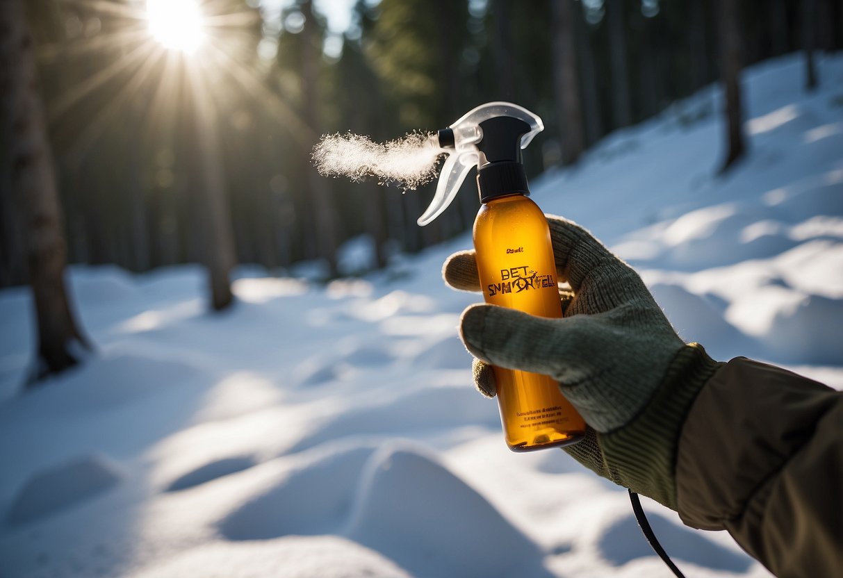 A hand holding a spray bottle applies DEET-based insect repellent to exposed skin before heading out for a snowshoeing adventure