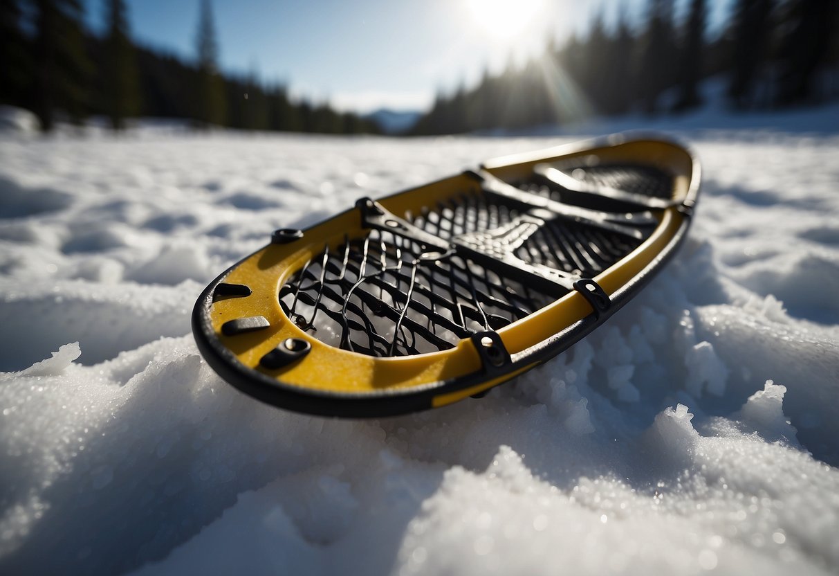 Snowshoes and gear treated with permethrin lay on snowy ground, surrounded by buzzing insects. A person snowshoes in the distance, unaffected by the pests